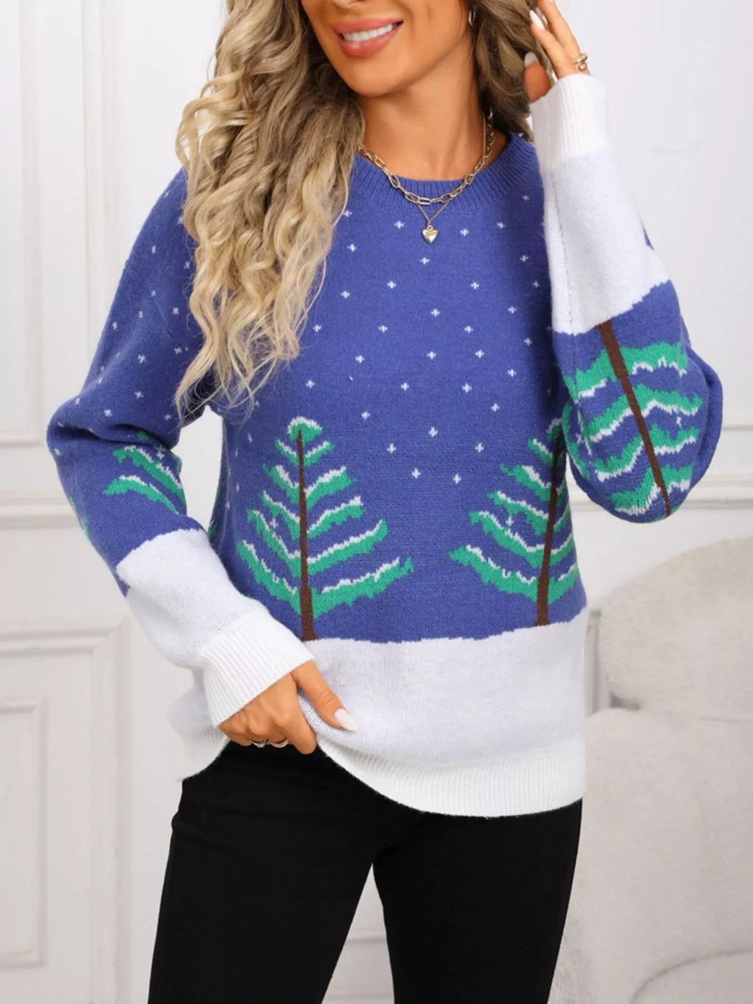 Blue Christmas tree pattern color-block knit sweater