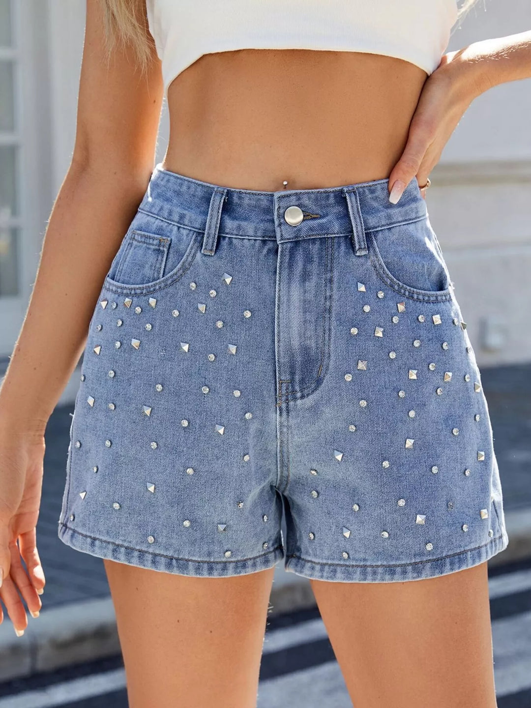 Light Blue Studded rhinestone high-waist denim shorts