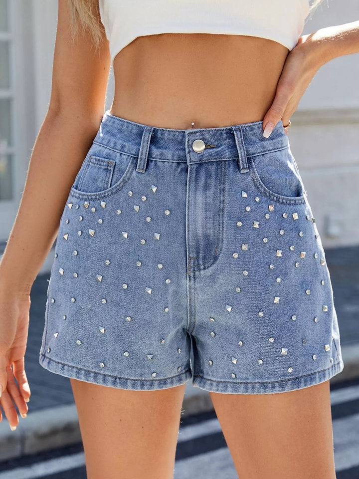 Light Blue Studded rhinestone high-waist denim shorts