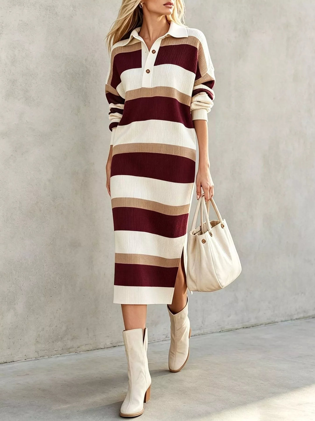 Burgundy Striped ribbed knit polo collar midi sweater dress