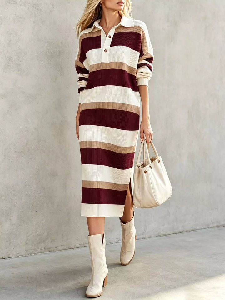 Burgundy Striped ribbed knit polo collar midi sweater dress
