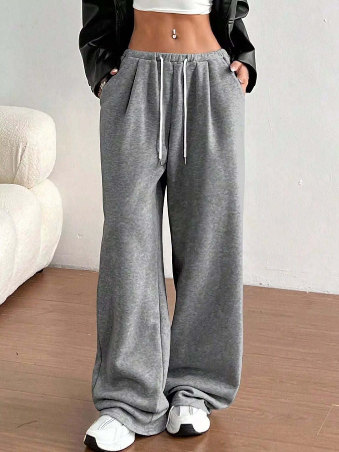 Gray High-waist wide-leg drawstring sweatpants