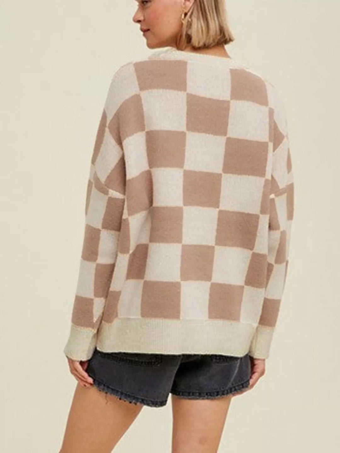 Checkered knit crewneck sweater with ribbed trim