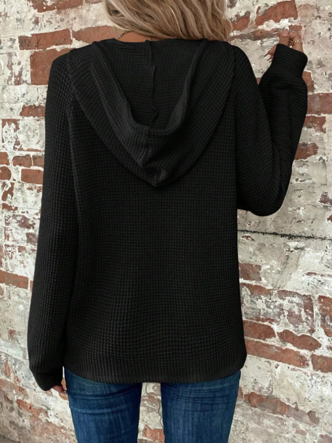 Waffle knit button-front hoodie with drawstring hood
