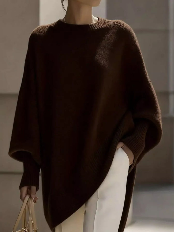 Dark Brown Batwing sleeve oversized sweater with asymmetric hem