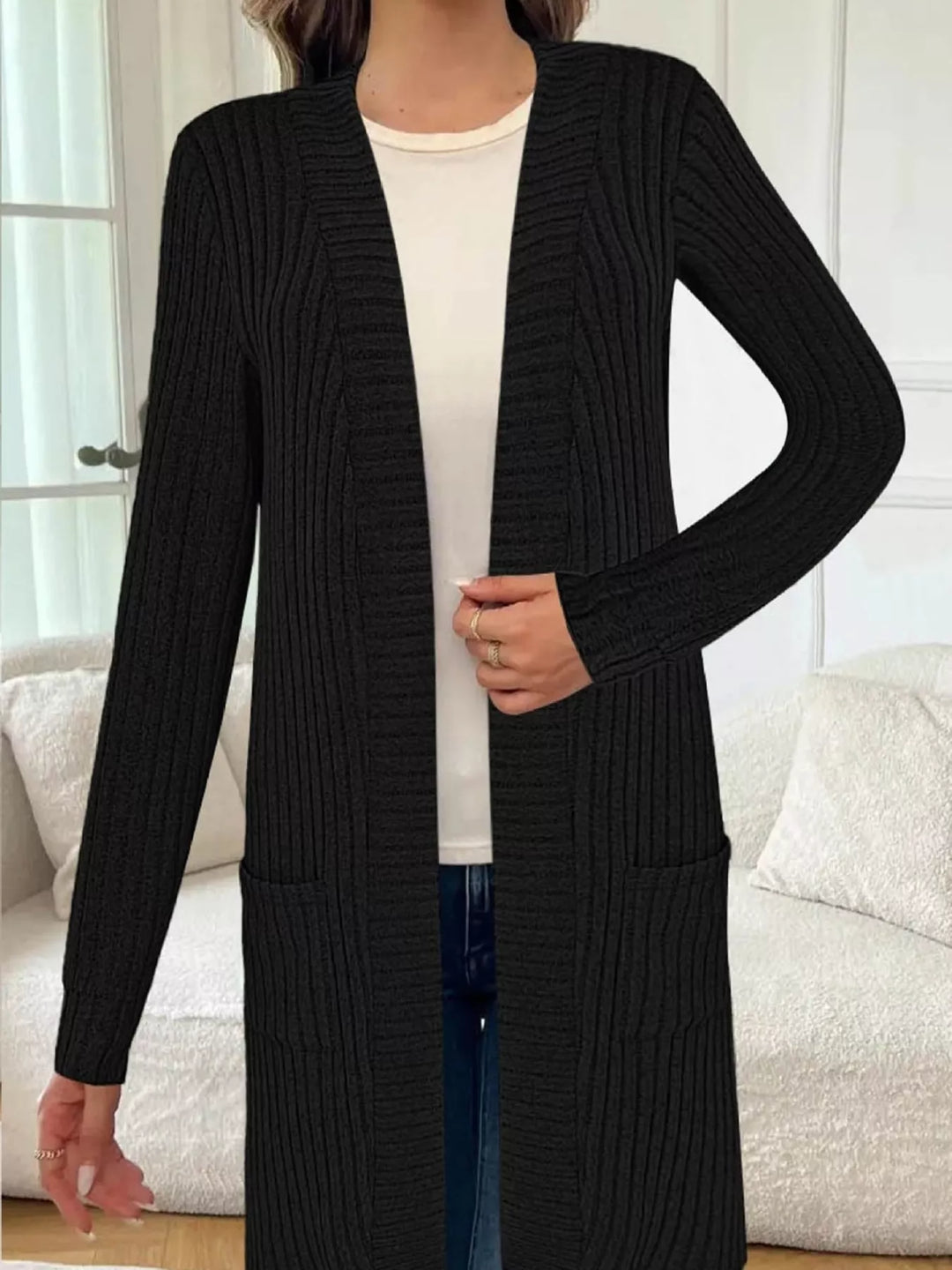 Ribbed knit open-front longline cardigan with pockets