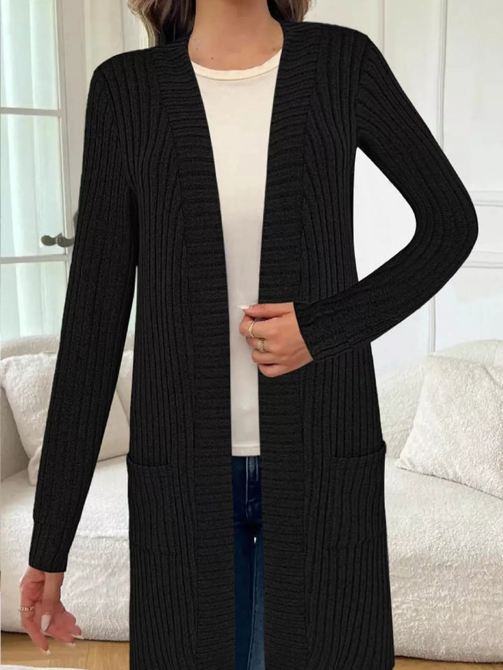 Ribbed knit open-front longline cardigan with pockets