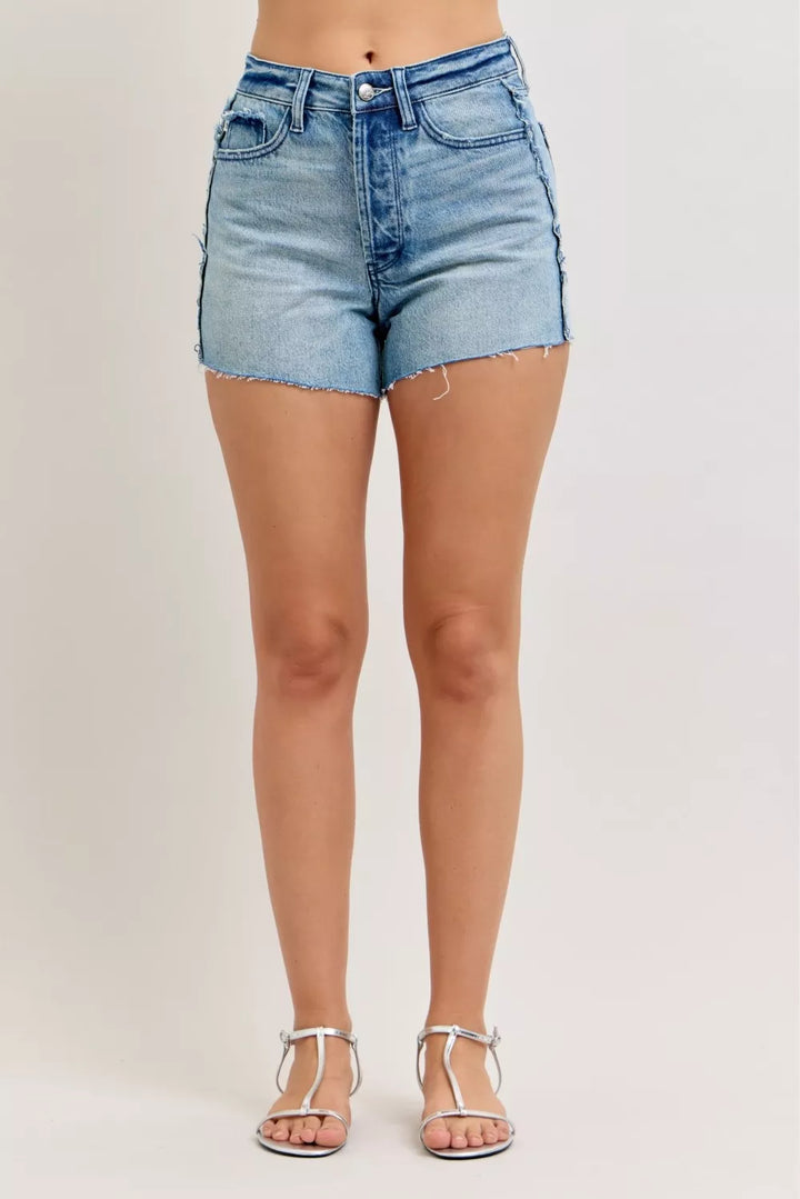 MD High-rise rigid denim cutoff shorts with raw frayed hem