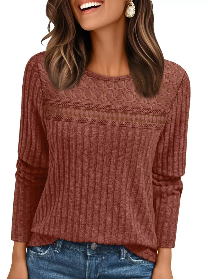 Ribbed knit long sleeve top with lace yoke