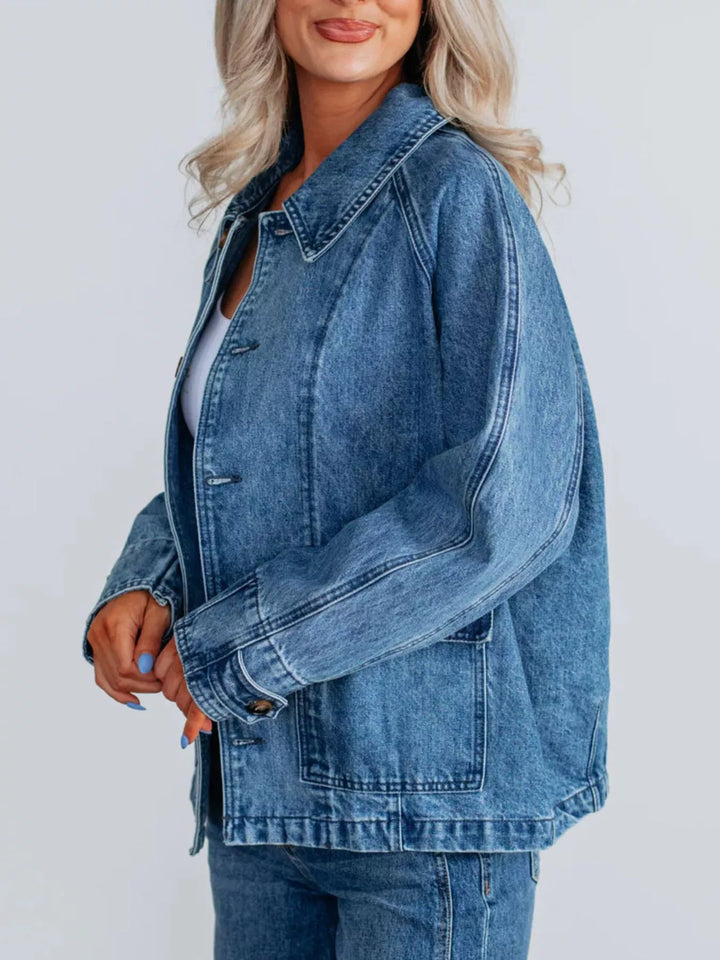 Oversized button-up denim jacket with raglan sleeves