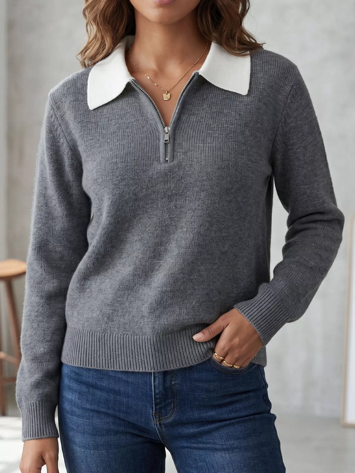 Grey Contrast collar quarter zip knit sweater with ribbed hem