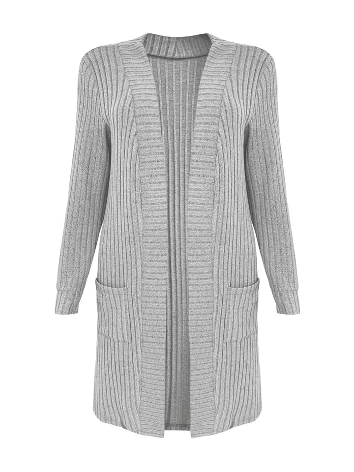 Ribbed knit open-front longline cardigan with pockets