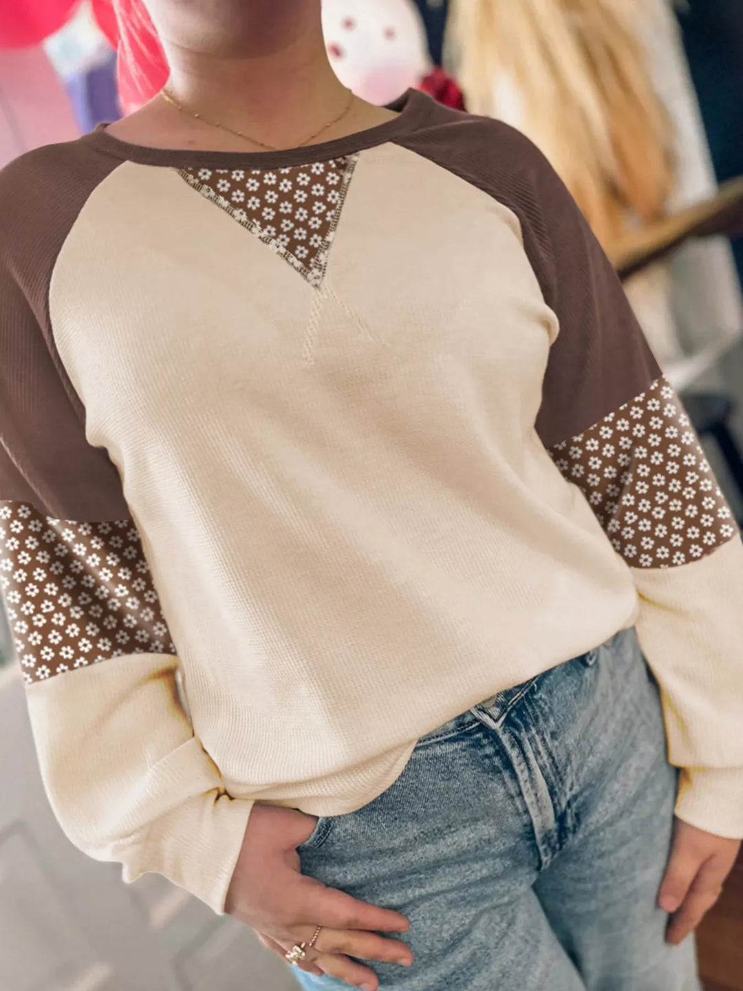 Brown Floral patchwork color block raglan long sleeve top