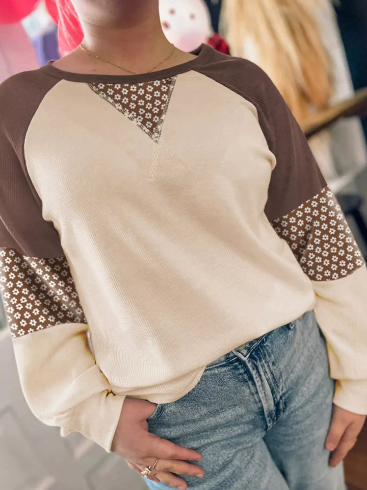 Brown Floral patchwork color block raglan long sleeve top