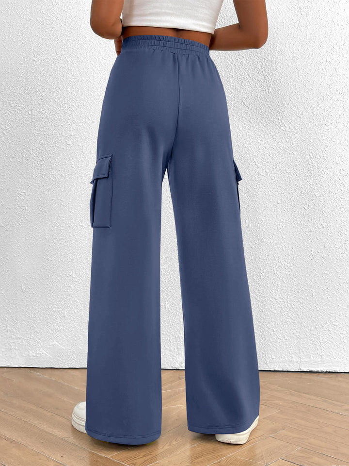 Blue Drawstring high-waist wide-leg cargo pants with flap pockets