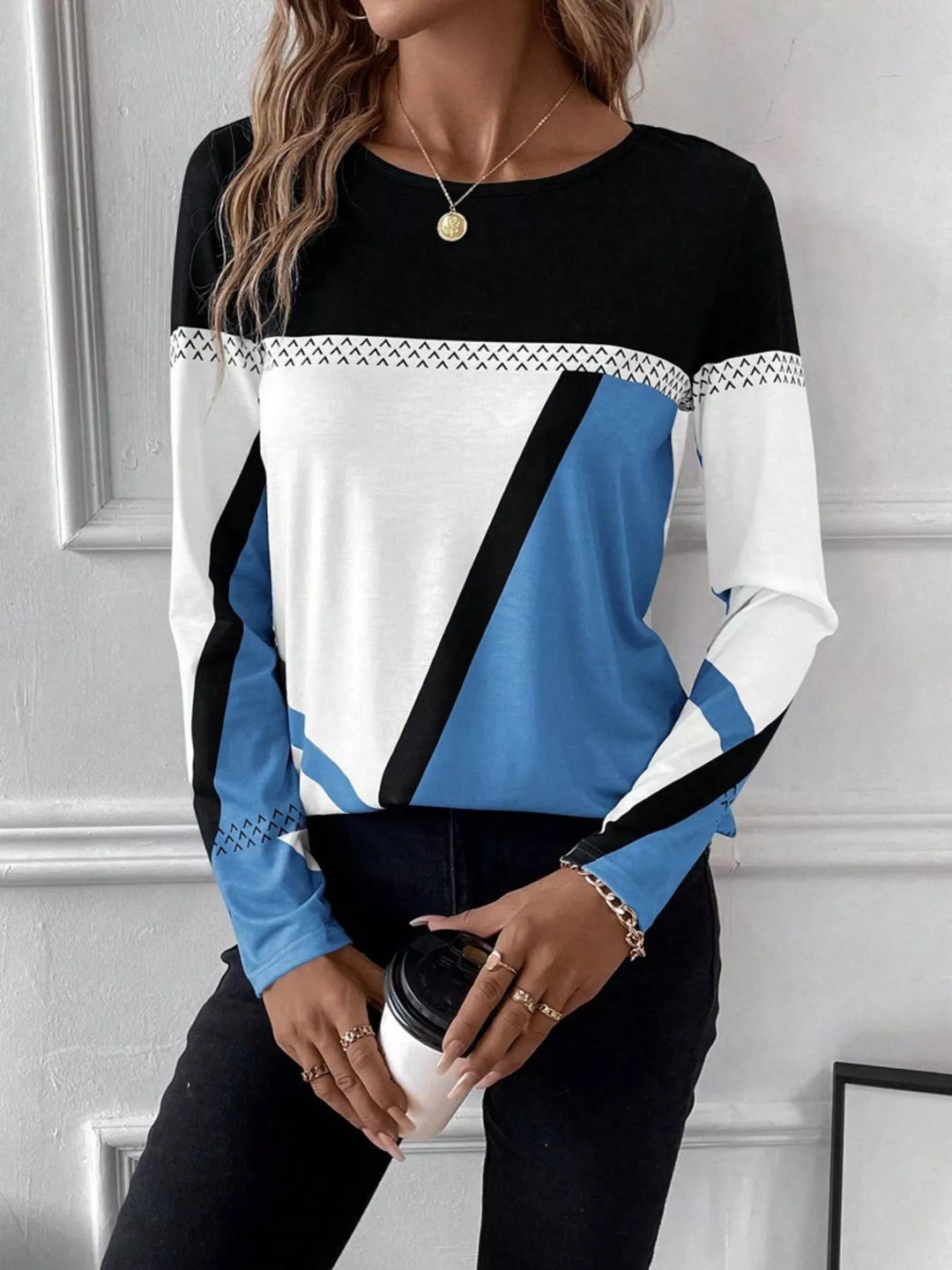 Geometric color block long sleeve crew neck top