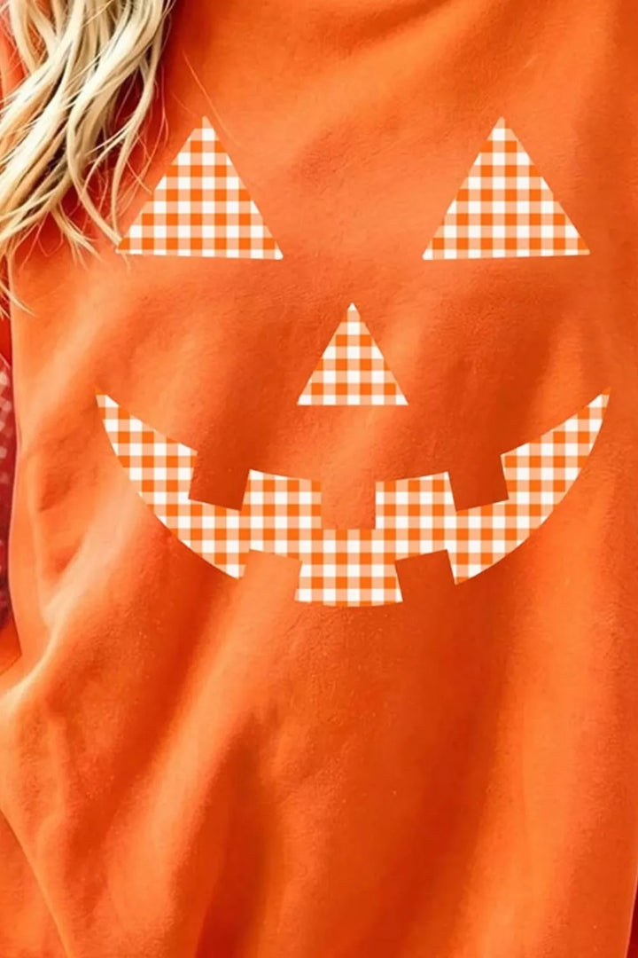 Gingham sleeve pumpkin face graphic sweatshirt