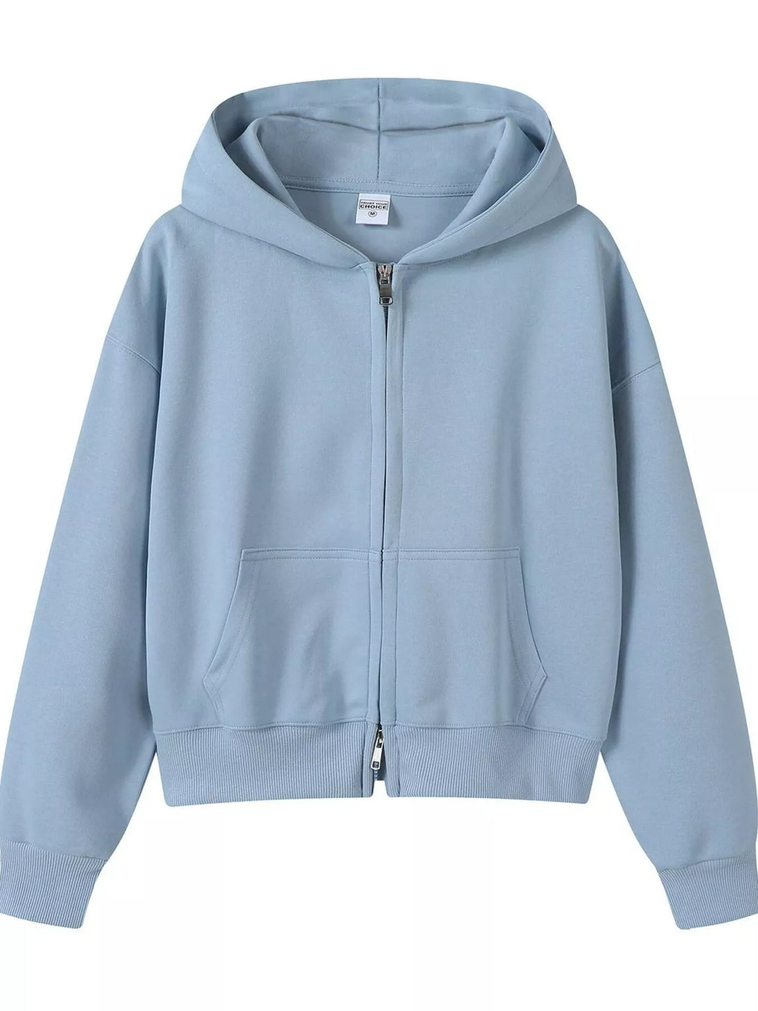 Blue Zip-up hoodie with front pockets and ribbed cuffs