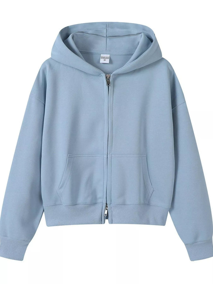Blue Zip-up hoodie with front pockets and ribbed cuffs
