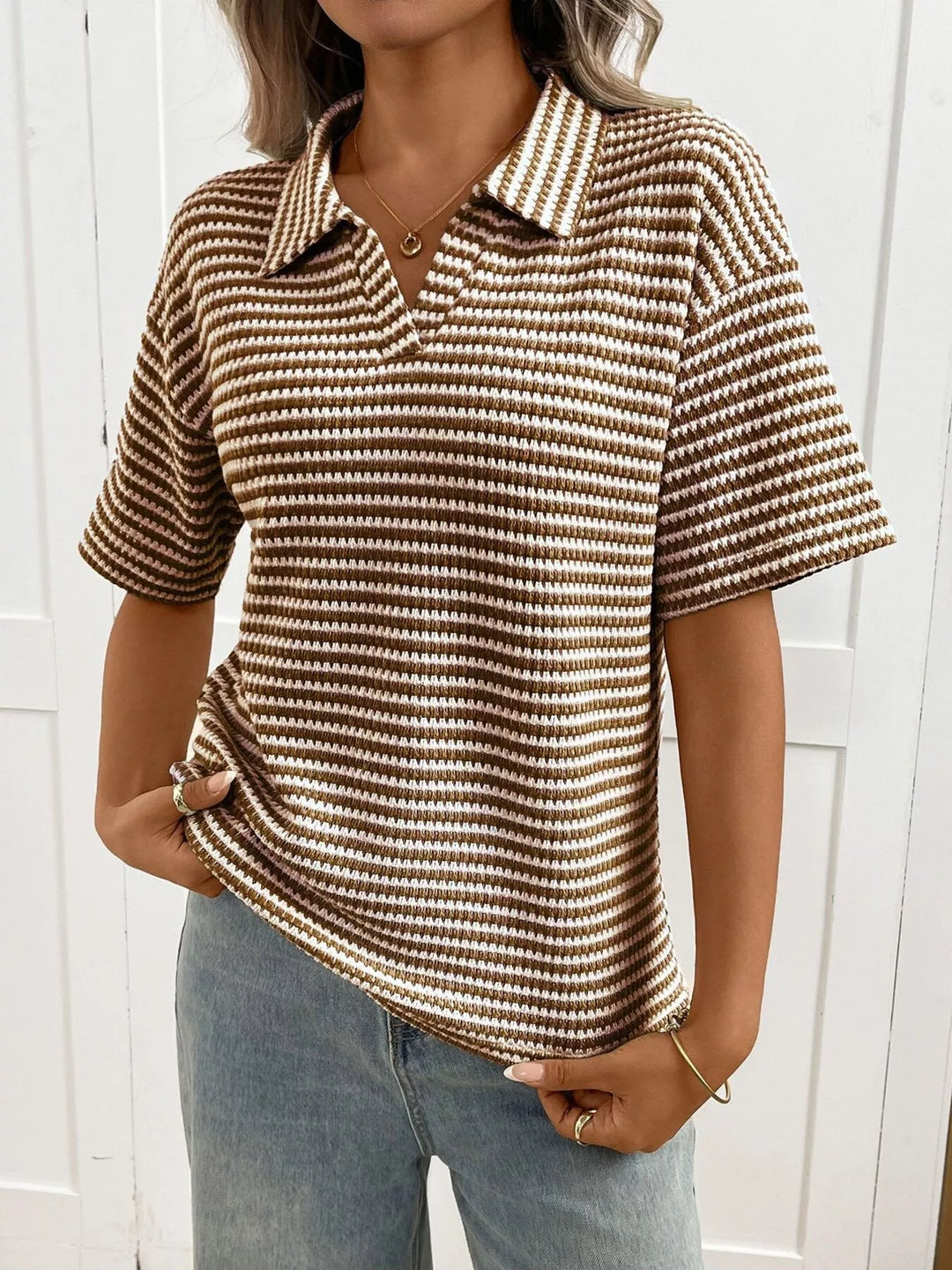 Taupe Striped waffle-knit collared short sleeve top