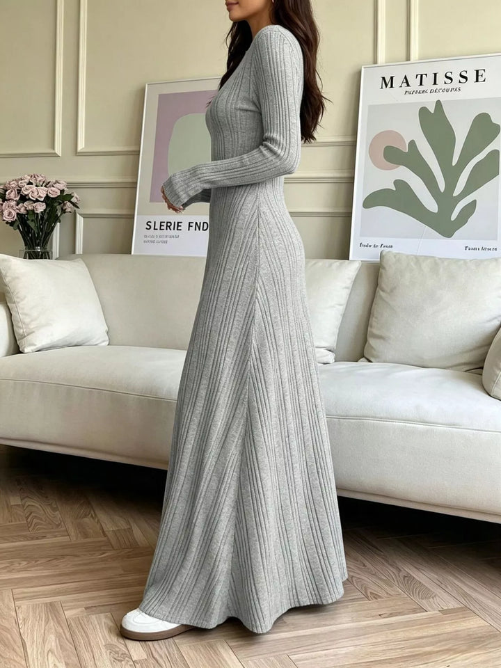 Ribbed knit long sleeve maxi dress with flared skirt