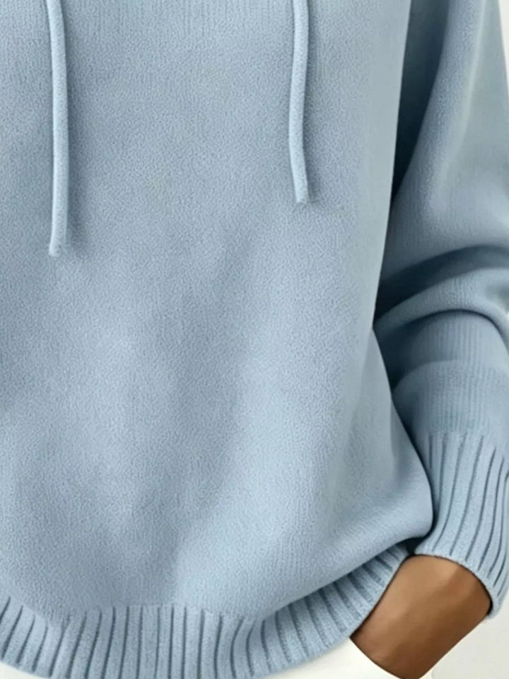 Drawstring hooded knit pullover sweater with ribbed trim