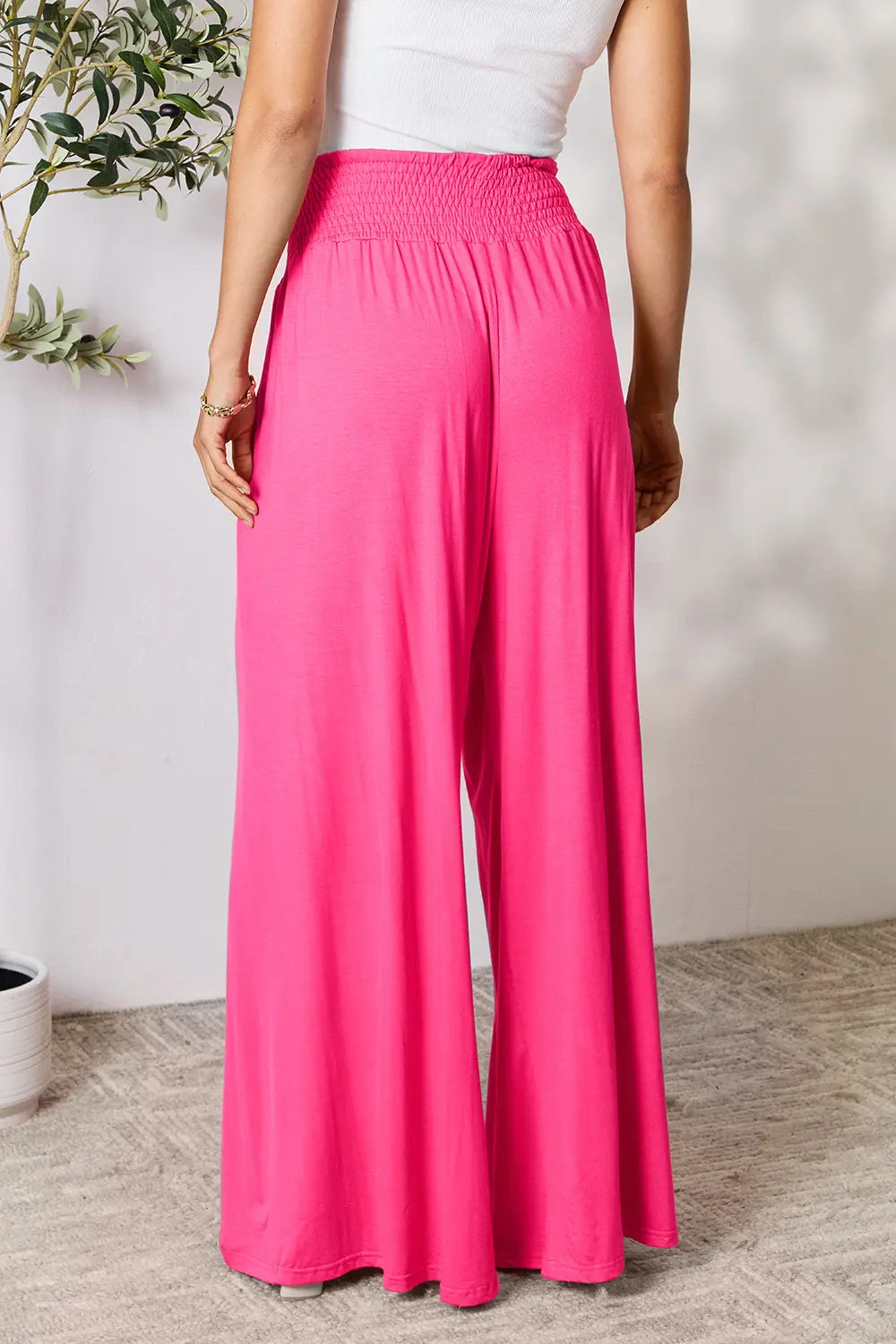Smocked wide-waistband wide-leg jersey pants with pockets