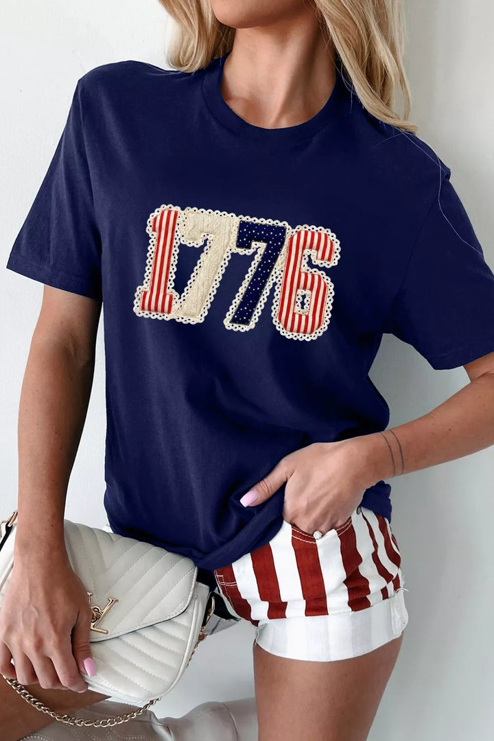Navy 1776 lace-trim flag appliqué crew neck graphic tee