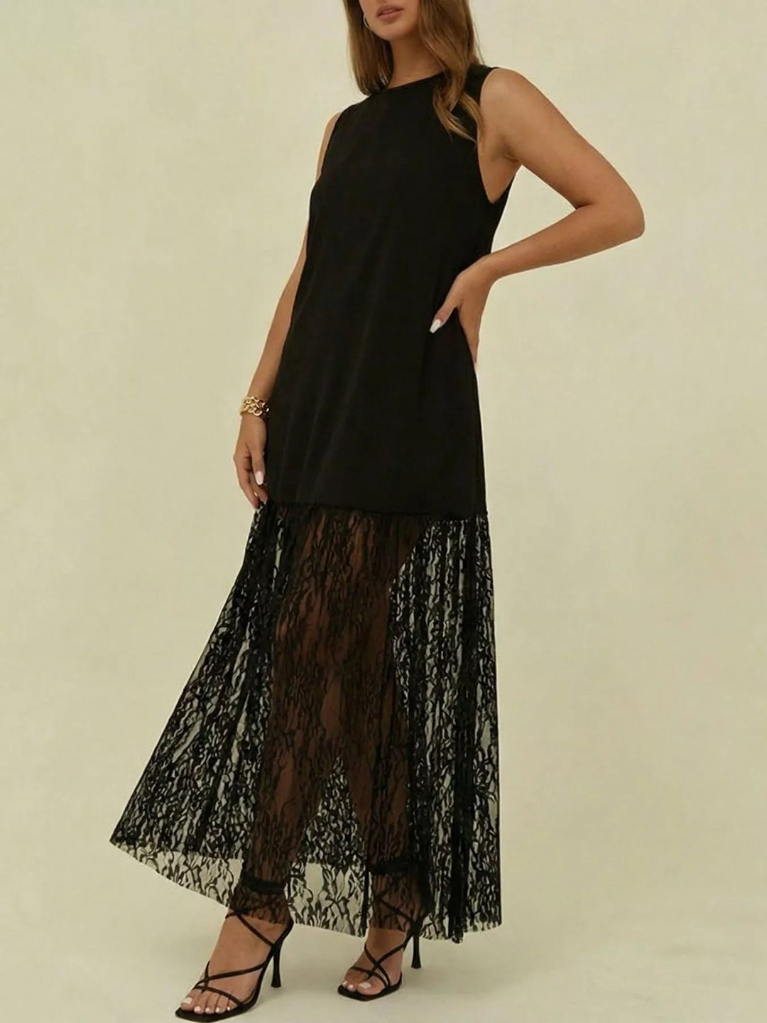 Plus Size Sleeveless Lace Trim Maxi Dress