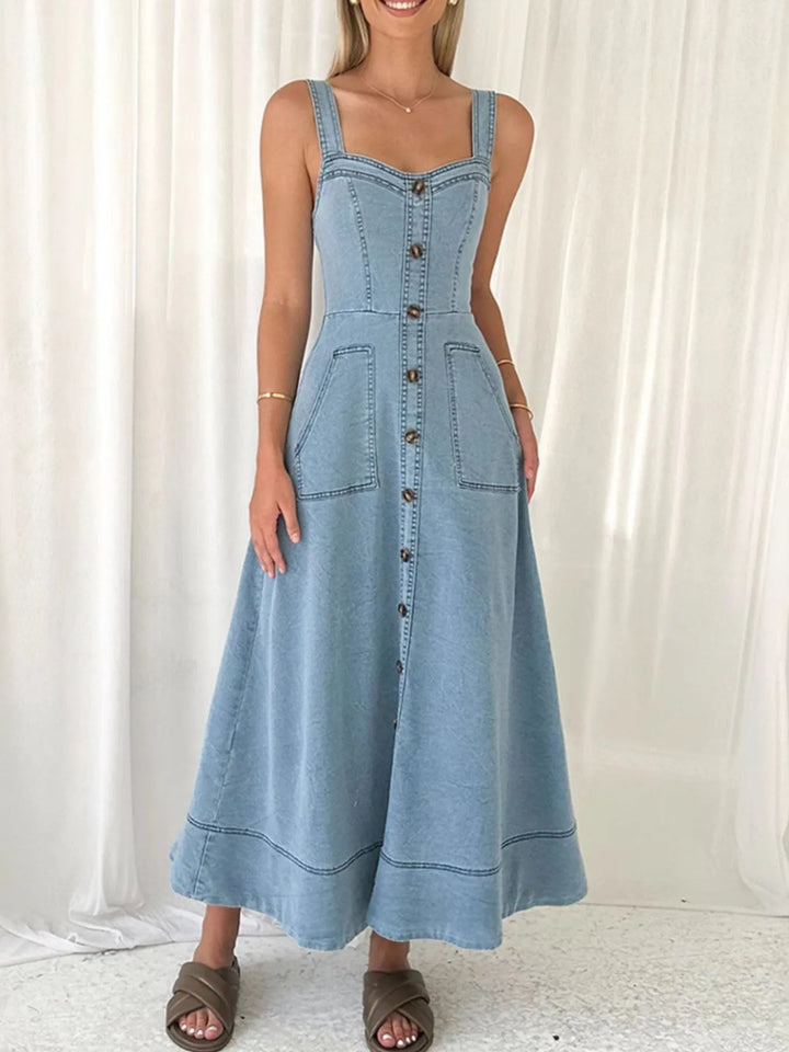 Sweetheart neckline button-front denim maxi dress with pockets
