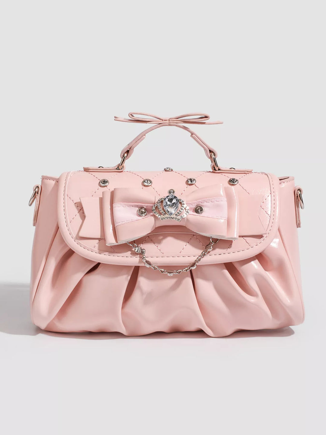Pink Ruched bow crossbody bag with rhinestone chain strap