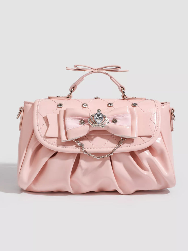 Pink Ruched bow crossbody bag with rhinestone chain strap