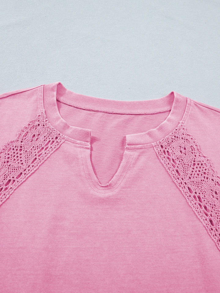 Mineral wash lace patchwork tee with notched neck