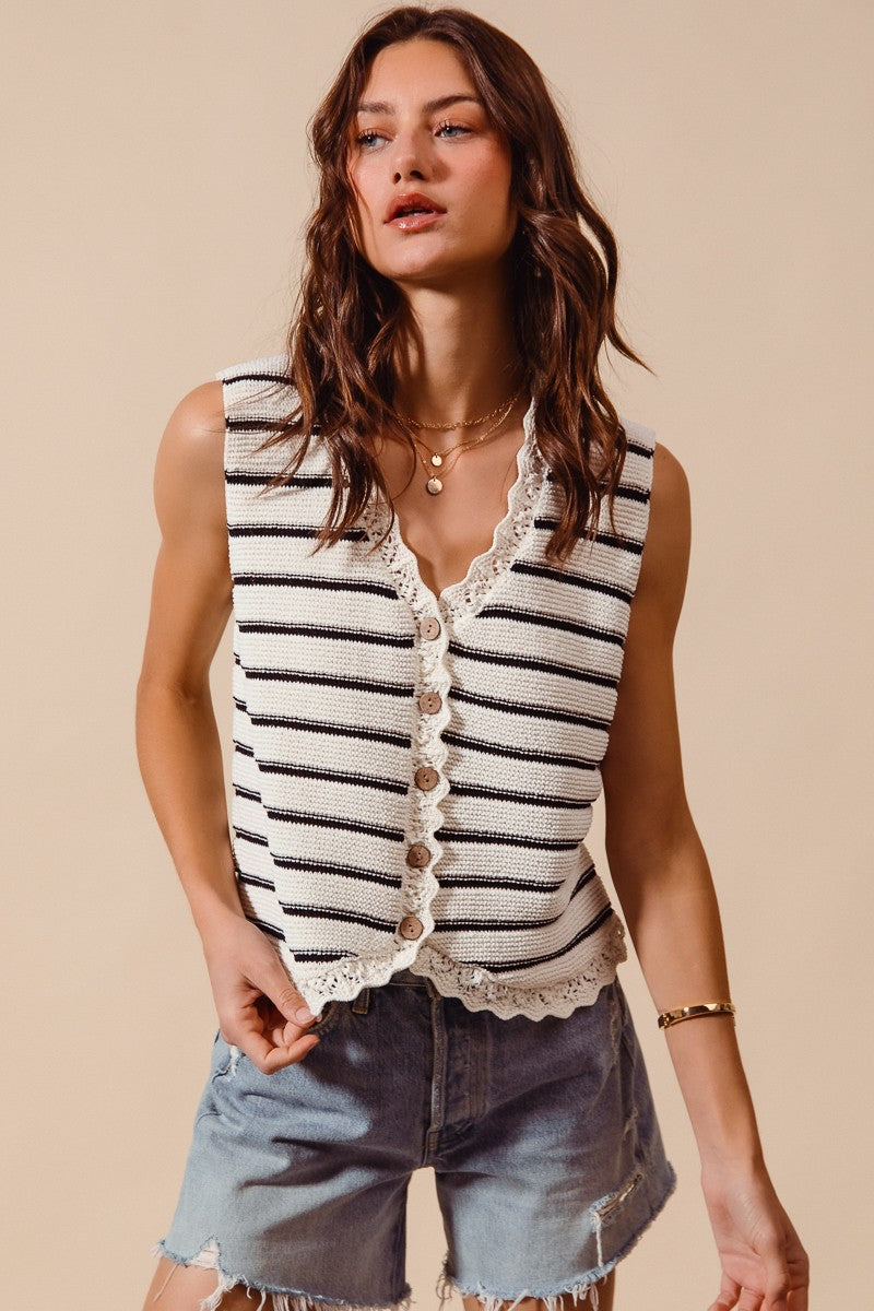 Striped knit button-down sweater vest with crochet trim