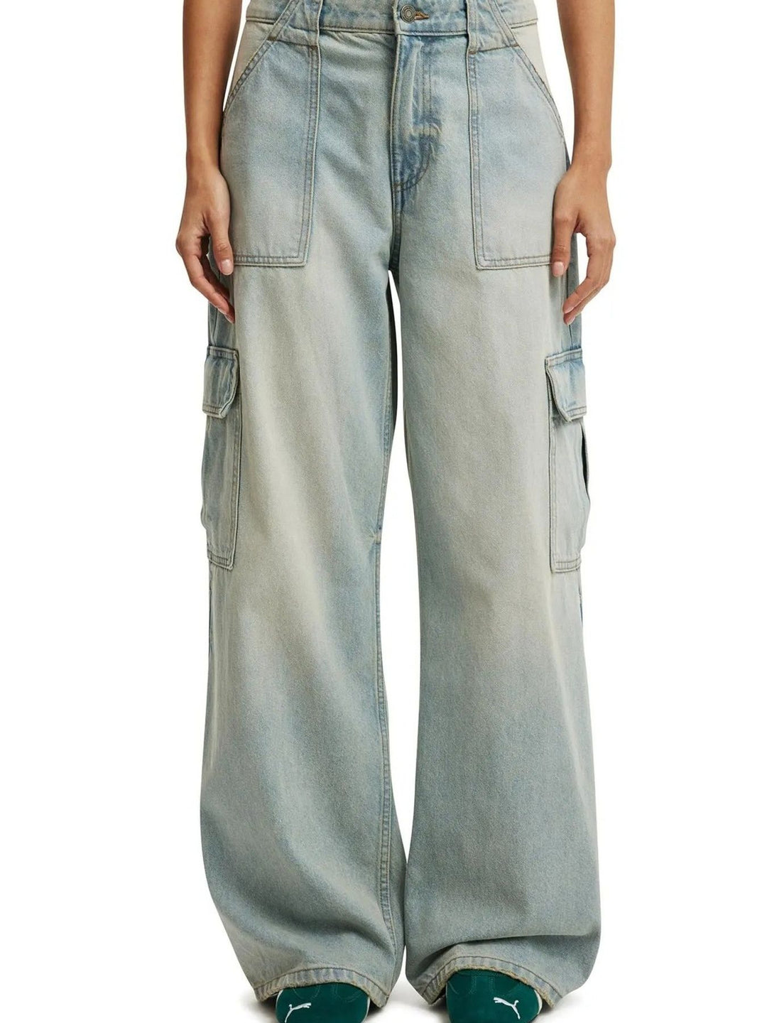 Wide leg cargo jeans with side flap pockets