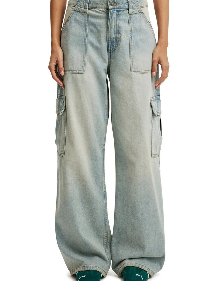 Wide leg cargo jeans with side flap pockets