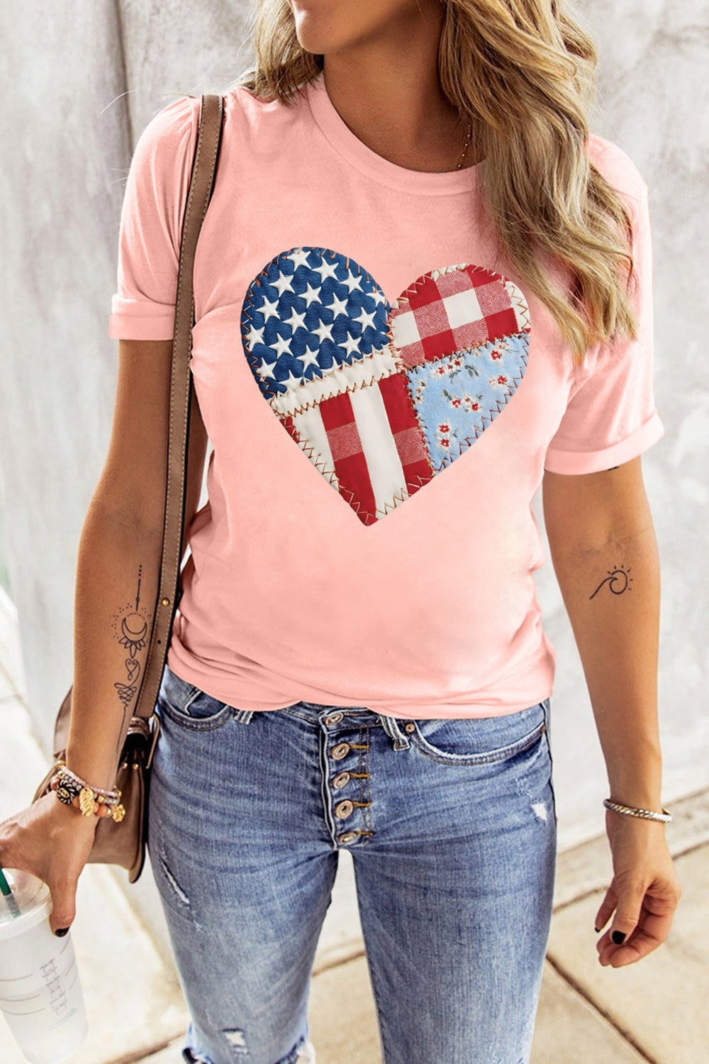 Patriotic patchwork heart graphic crew neck tee