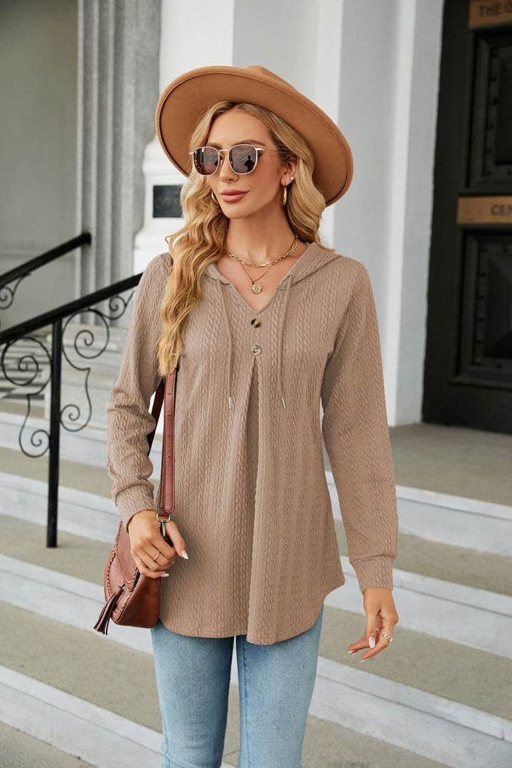 Camel Cable knit hooded top with tie neck and button placket