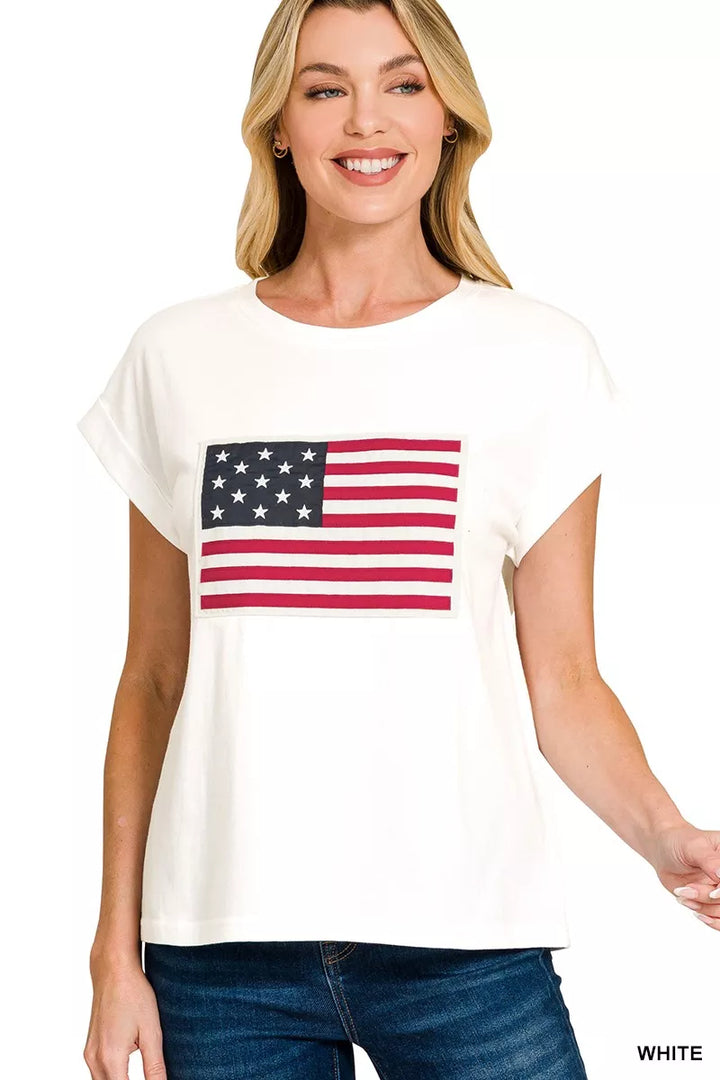 WHITE American flag graphic short sleeve crew neck tee