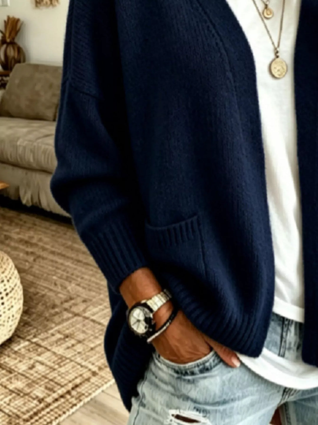 Open front knit cardigan with patch pockets and ribbed trim