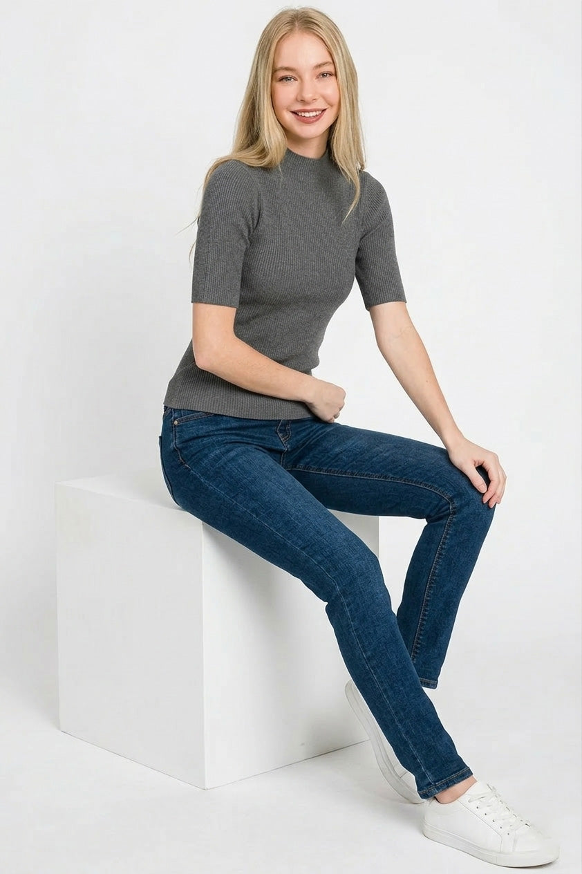 Ribbed knit mock neck short sleeve sweater