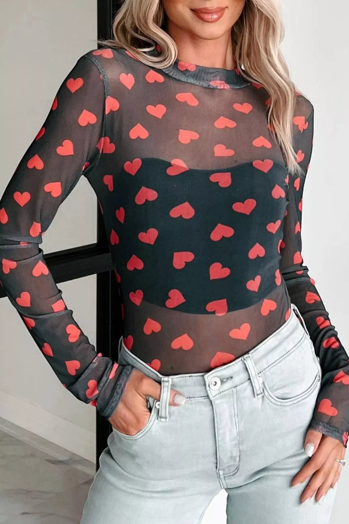 Black Heart print sheer mesh mock neck long sleeve crop top