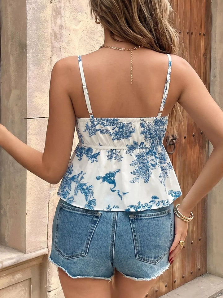 Floral print tie-front cami with ruffle hem