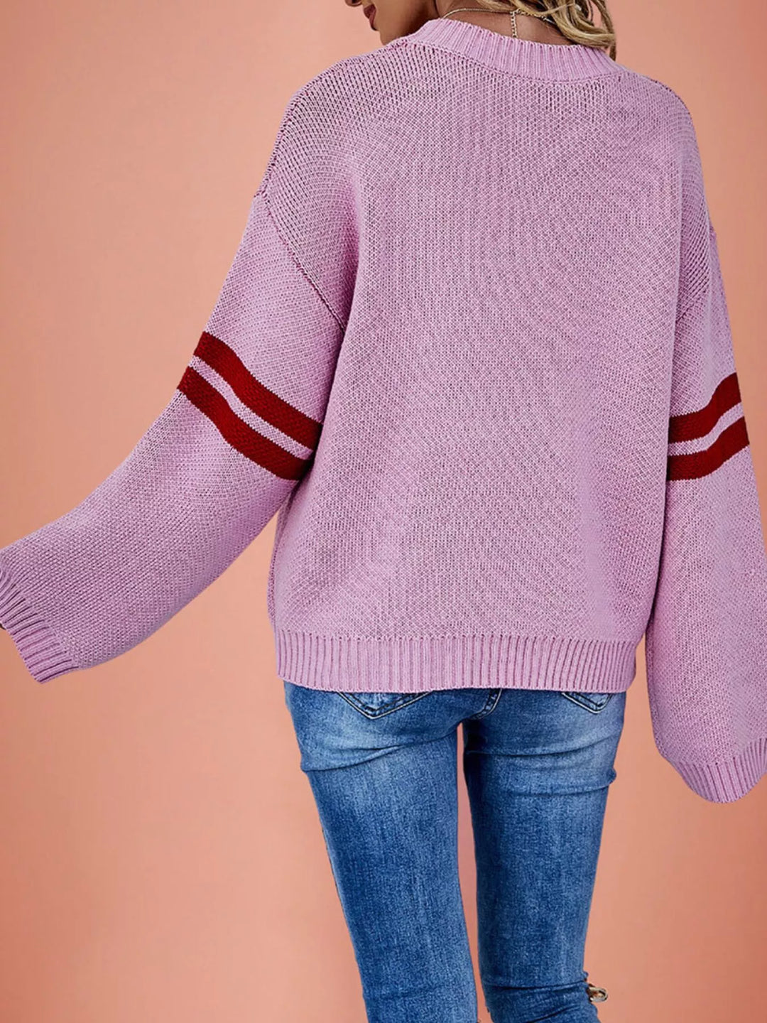 Heart intarsia drop shoulder sweater with varsity stripe sleeves