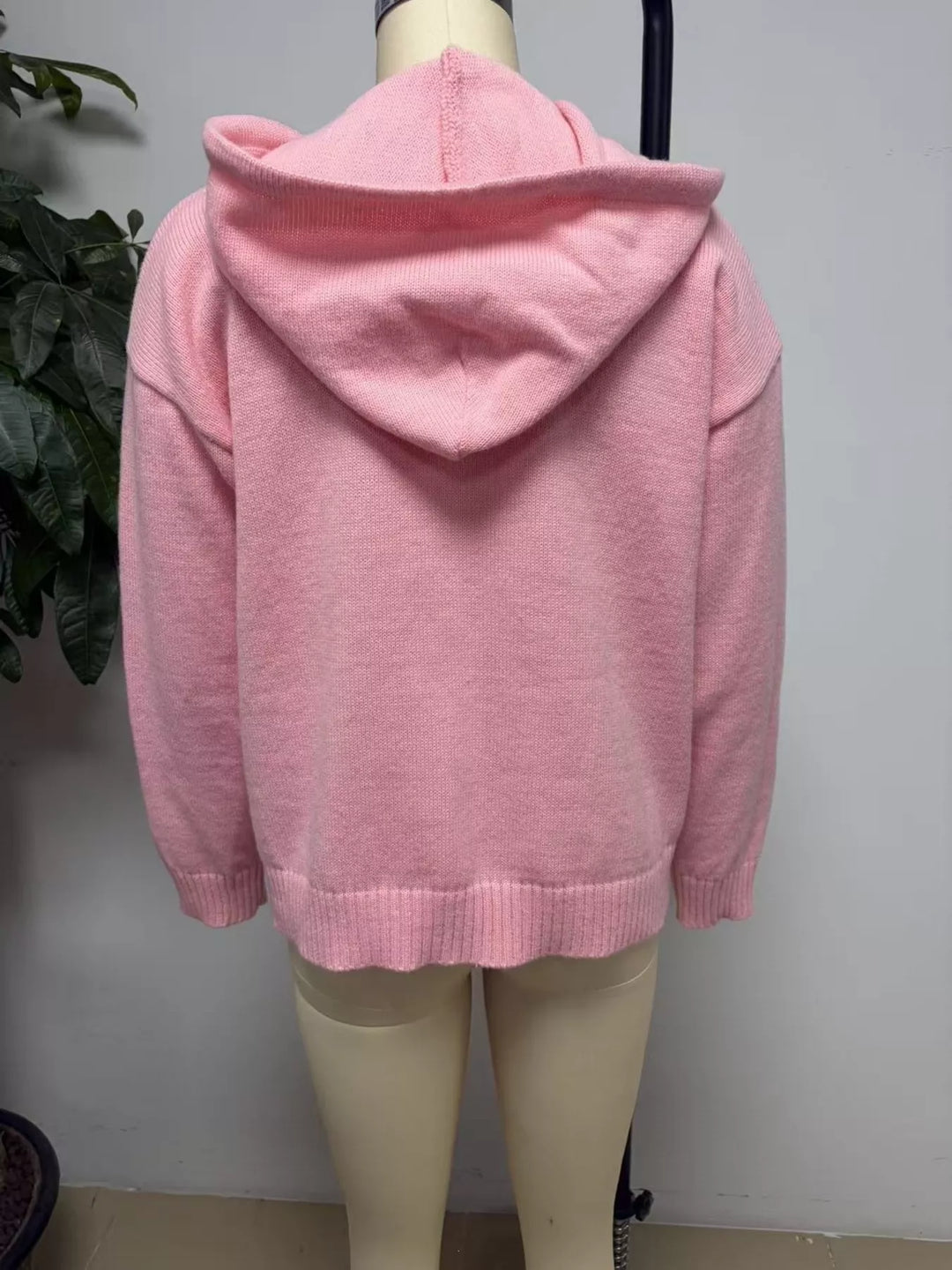 Zip-front hooded knit cardigan with drawstring and pockets