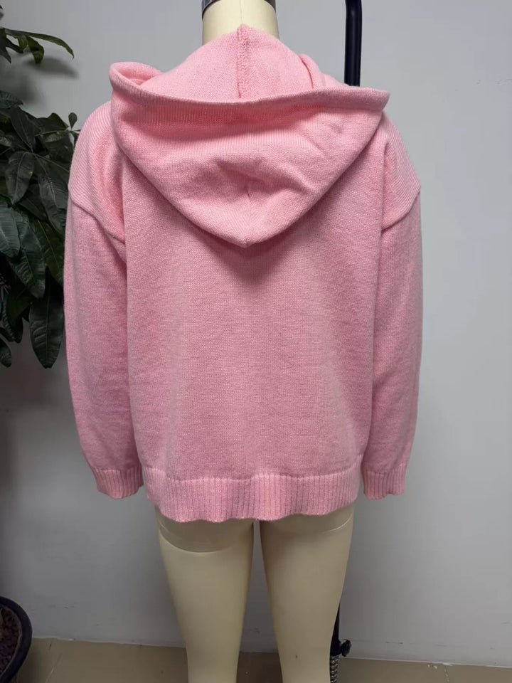 Zip-front hooded knit cardigan with drawstring and pockets