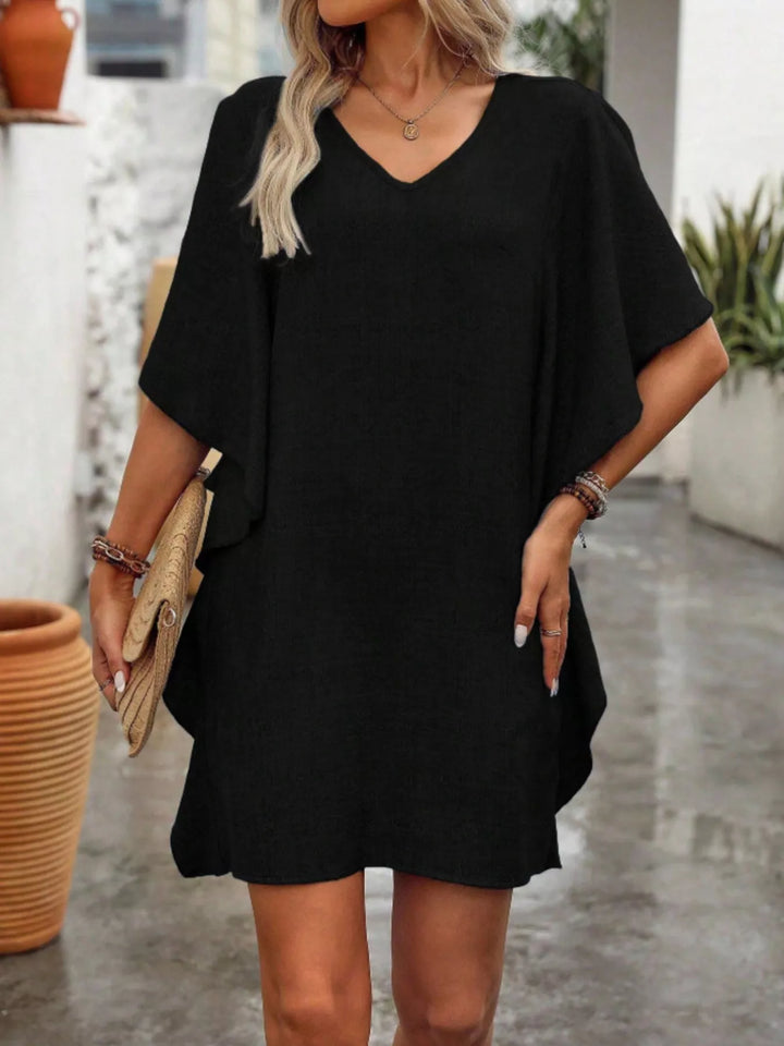 Black Flutter sleeve V-neck mini dress in textured weave