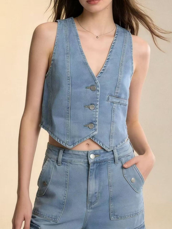 Cropped denim button-down vest with V-neckline