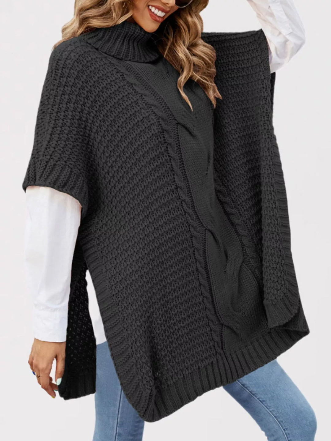 Black Cable-knit turtleneck short sleeve oversized tunic sweater