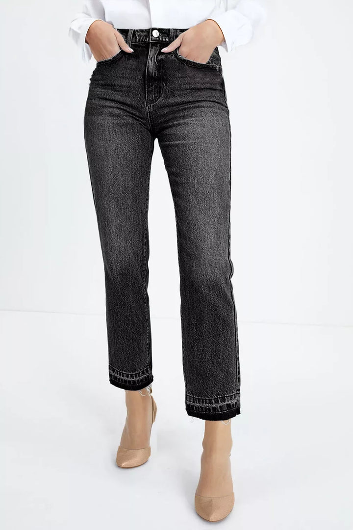 Black High-rise distressed hem straight leg jeans